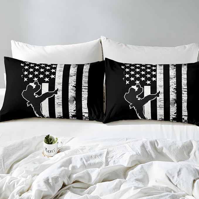 Manfei Taekwondo Fitted Sheet Full Size, Japanese Style Sports Theme Bedding Set 3pcs, American Flag Print Bed Cover with 2 Pillowcases, Kids Boys Teen Room Decor, Soft Bedding(No Top Sheet)