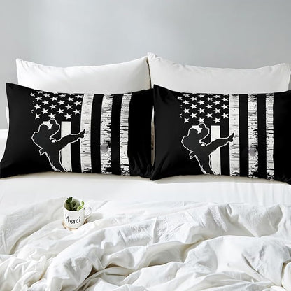 Manfei Taekwondo Fitted Sheet Full Size, Japanese Style Sports Theme Bedding Set 3pcs, American Flag Print Bed Cover with 2 Pillowcases, Kids Boys Teen Room Decor, Soft Bedding(No Top Sheet)