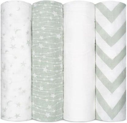 Comfy Cubs Muslin Swaddle Blankets Pack of 4, 47 x 47 Inches, Soft Cotton Baby Blanket Set, Large Multipurpose Swaddling Wraps for Newborns - Self-Soothing Swaddle - Green
