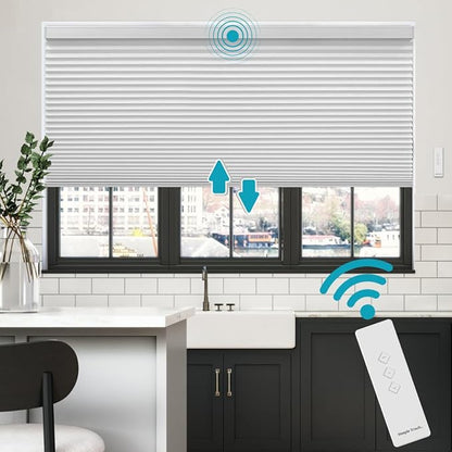 BlindsAvenue Simply Motorized Cellular Shades with Remote Control, Automatic Electric Cordless Wireless Blinds for Indoor Window, Blackout Blind, Color: White, Size: 48.5" W x 72" L