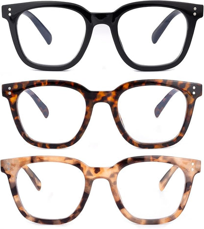 3 Pack Reading Glasses for Women Men, Square Blue Light Blocking Reading Glasses with Spring Hinge Anti Eyestrain Eyeglasses, Computer Readers with Glasses Chain, +2.5