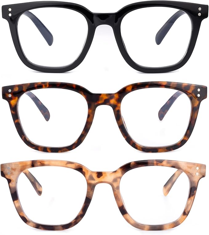 3 Pack Reading Glasses for Women Men, Square Blue Light Blocking Reading Glasses with Spring Hinge Anti Eyestrain Eyeglasses, Computer Readers with Glasses Chain, +1.5