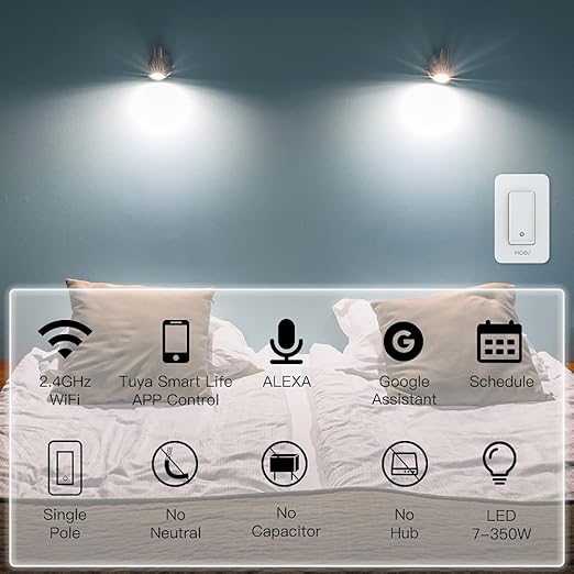 MOES WiFi Smart Light Switch No Neutral Wire, No Capacitor, No hub Required, 2nd Generation Single Live Wire Push Button, Tuya Smart Life App Remote Control Work with Alexa and Google Home, Minimum 7W