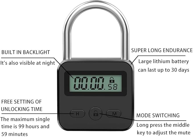 Metal Timer Lock, LCD Display Multi-Function Electronic Time, 99 Hours Max Timing, USB Rechargeable Timer Padlock (Black)