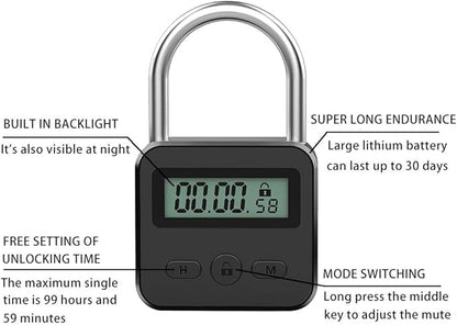 Metal Timer Lock, LCD Display Multi-Function Electronic Time, 99 Hours Max Timing, USB Rechargeable Timer Padlock (Black)