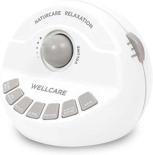 WELLCARE-Naturcare Sound Relaxation: White Noise, 7 Nature Sounds, Sleep Sound Machine, Calm Infants, for Baby, Kids, Adult. Stepless Volume, Timer, Powered by Adapter or Batteries(Both Not Incl.)