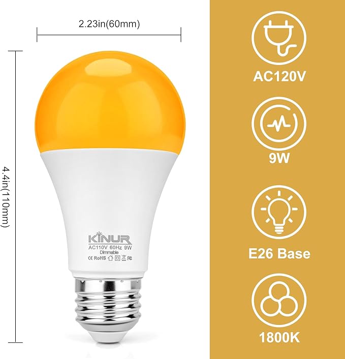 KINUR LED Amber Dimmable Light Bulbs, A19, 9W, 1800K, E26 Base, 60W Equivalent, Amber Soft Light Bulbs Warm Night Light for Bedroom, Sleep, 2 Pack