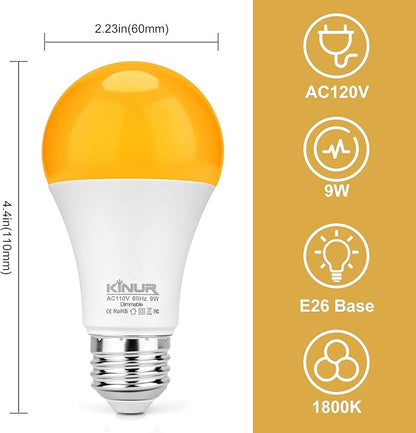 KINUR LED Amber Dimmable Light Bulbs, A19, 9W, 1800K, E26 Base, 60W Equivalent, Amber Soft Light Bulbs Warm Night Light for Bedroom, Sleep, 2 Pack