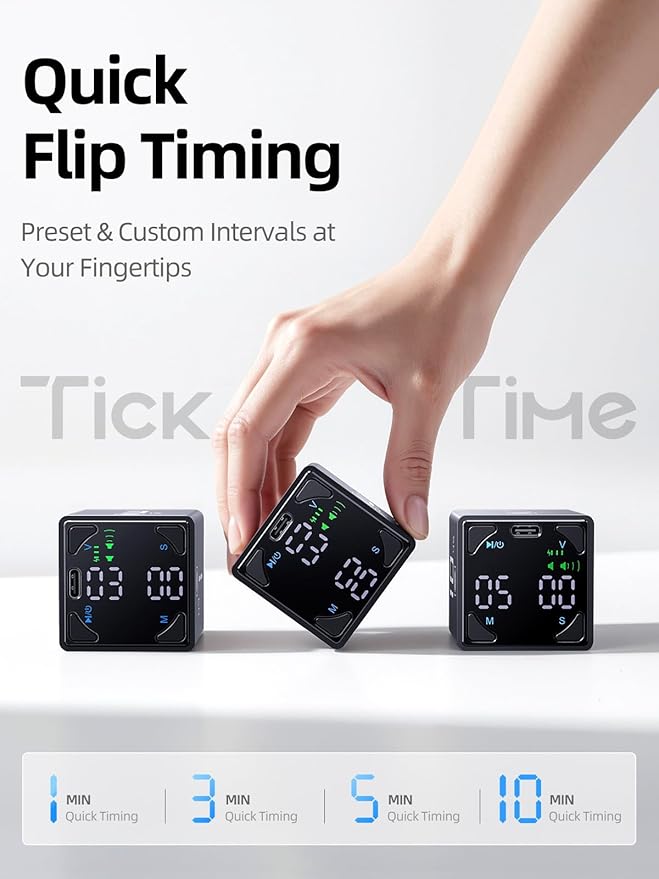 Pomodoro Timer Cube, Productivity Timer, Pause & Resume, Silent, Vibrate & Adjustable Sound Alert, for ADHD, Task, Work, Study, 1/3/5/10/15/25/45/60min & Custom Countdown, Black