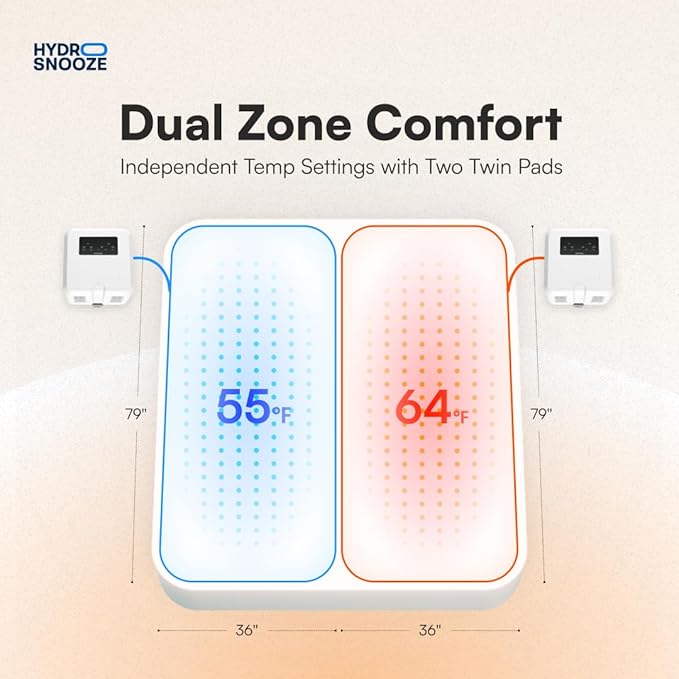 HydroSnooze Water Cooling & Heating Mattress Pad: Bed Cooling System for Hot Sleepers. Temp Range 59-131°F. Half King/TwinXL Size 36" W x 79" L. Use Two for Dual Zone Temp Control on 71"x79" Beds.