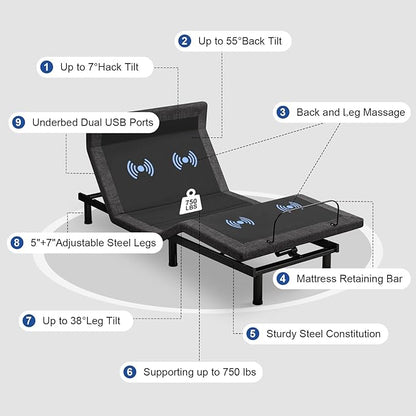 Vipbear Twin XL Adjustable Beds with Thickened Frame, Adjustable Bed Frame with Pillow-Tilt,Separate Head/Foot Lift,Smart APP Control, Massage, Zero Gravity, Anti-Snore, Wireless Remote,USB Ports