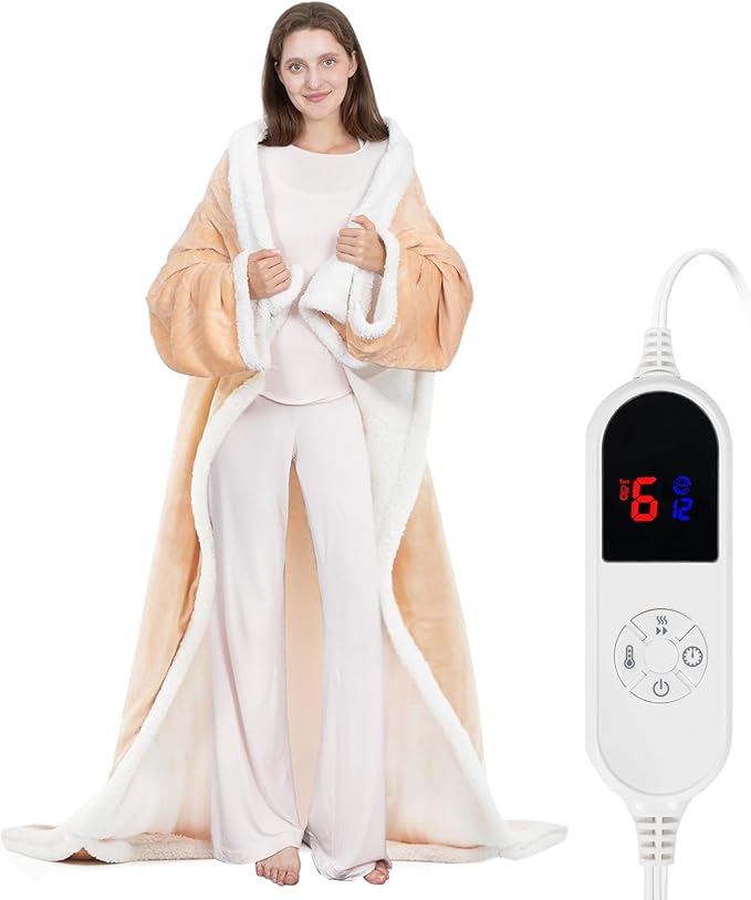 Wearable Heated Blanket with Foot Pocket, 52"x72" Electric Blanket with Sleeves for 12 Hours Timer, 6 Heat Settings, Flannel & Sherpa, Beige