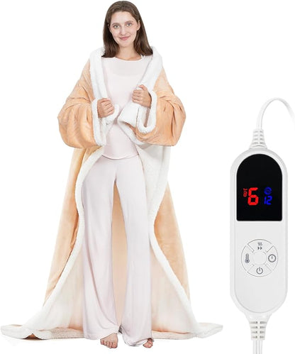Wearable Heated Blanket with Foot Pocket, 52"x72" Electric Blanket with Sleeves for 12 Hours Timer, 6 Heat Settings, Flannel & Sherpa, Beige