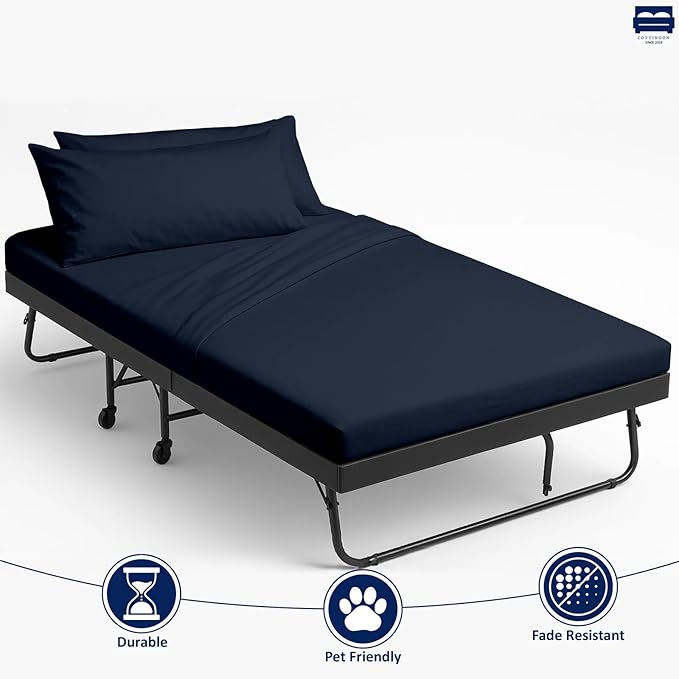 Cottingon 33"x75" Cot Sheet and Pillow Case 4 Piece Set, 100% Egyptain Cotton Soft Bedding Perfect for Rollaway, Folding, Guest Bed Frame, Fits Upto 7" Deep Mattress, Navy Blue Solid