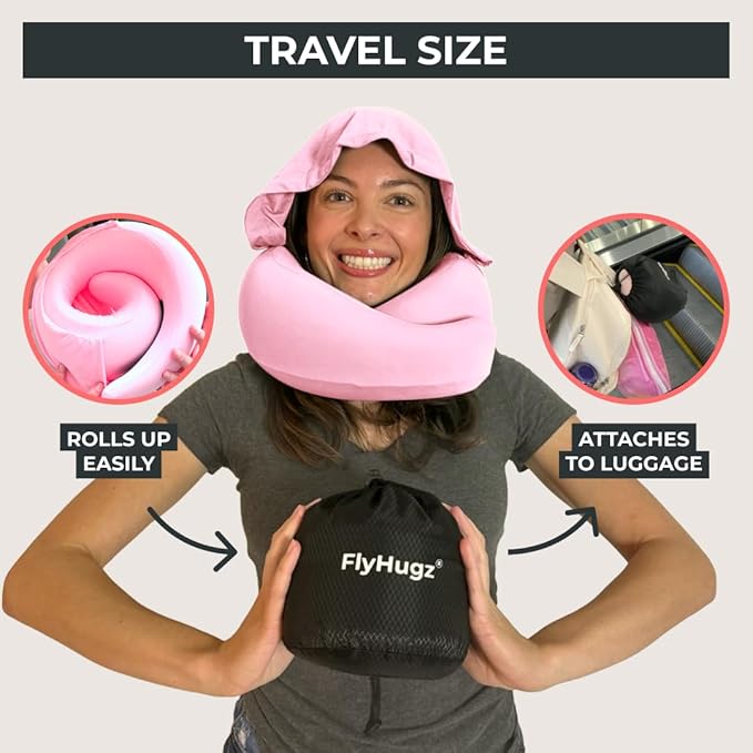 FlyHugz® 2.0 Hooded Travel Pillow – 2026 Original Release – Memory Foam Neck Pillow with Adjustable Hood & Premium Elastic Washable Cover – First Class Comfort for Flights, Road Trips & Sleep- Pink