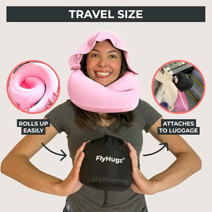 FlyHugz® 2.0 Hooded Travel Pillow – 2026 Original Release – Memory Foam Neck Pillow with Adjustable Hood & Premium Elastic Washable Cover – First Class Comfort for Flights, Road Trips & Sleep- Pink