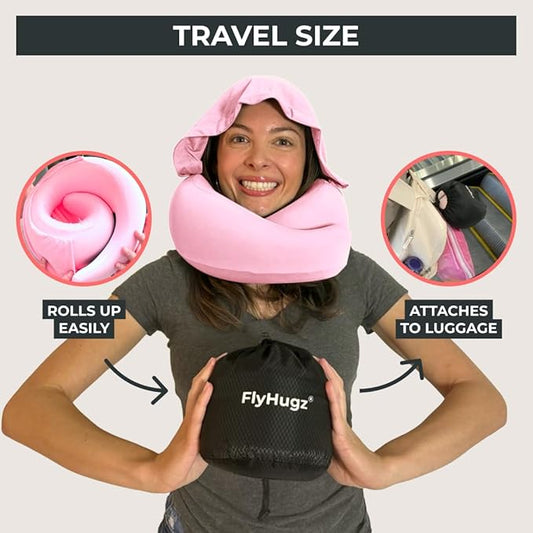 FlyHugz® 2.0 Hooded Travel Pillow – 2026 Original Release – Memory Foam Neck Pillow with Adjustable Hood & Premium Elastic Washable Cover – First Class Comfort for Flights, Road Trips & Sleep- Pink