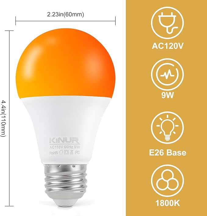 KINUR LED Amber Light Bulbs, A19 9W(60W Equivalent) 1800K E26 A19 Amber Soft Light Bulbs Warm Night Light for Bedroom, Healthy Sleep, Turtle Friendly Light 2 Pack