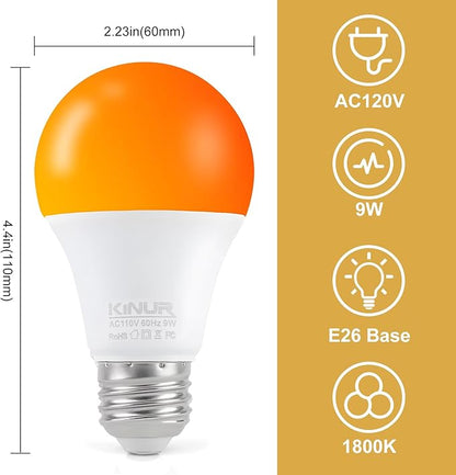 KINUR LED Amber Light Bulbs, A19 9W(60W Equivalent) 1800K E26 A19 Amber Soft Light Bulbs Warm Night Light for Bedroom, Healthy Sleep, Turtle Friendly Light 2 Pack