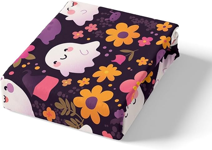 Cute Ghost Fitted Sheet Twin Size,Cartoon Groovy Daisy Flowers Graffiti Bed Sheet with 1 Pillowcase,Halloween Ghosts Spider Web Lovely Soft Decorative Fabric Bedding,Room Gift