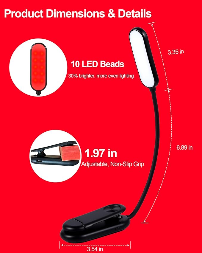 670nm Red Book Light [2 Pack] - Zero Blue Light, Rechargeable Clip On Red Reading Light Lamp for Reading at Night - Poratble Dimmable LED Book Lamp, Gift for Lovers Travel Studying Nursing