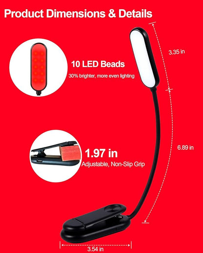 625nm Red Book Light [2 Pack] - Zero Blue Light, Rechargeable Clip On Red Reading Light Lamp for Reading at Night - Poratble Dimmable LED Book Lamp, Gift for Lovers Travel Studying Nursing