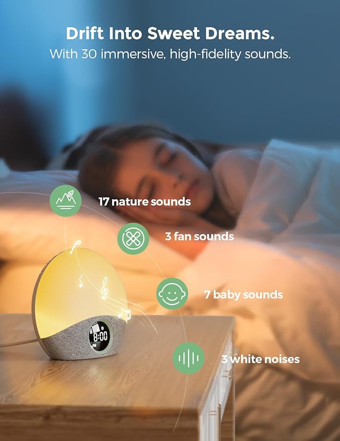 Momcozy Wake Up Light Baby Sound Machine, Adult White Noise Machine with Dimmable Night Light, 30 Soothing Sleep Sounds 7 Colors, Alarm Clock for Heavy Sleepers, Bedroom