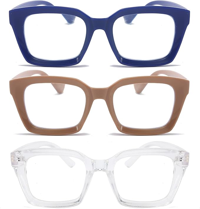 DXYXYO 3 Pack Oprah Style Oversized Computer Glasses Men and Women Fashion Square Blue Light Blocking Reader without Magnification