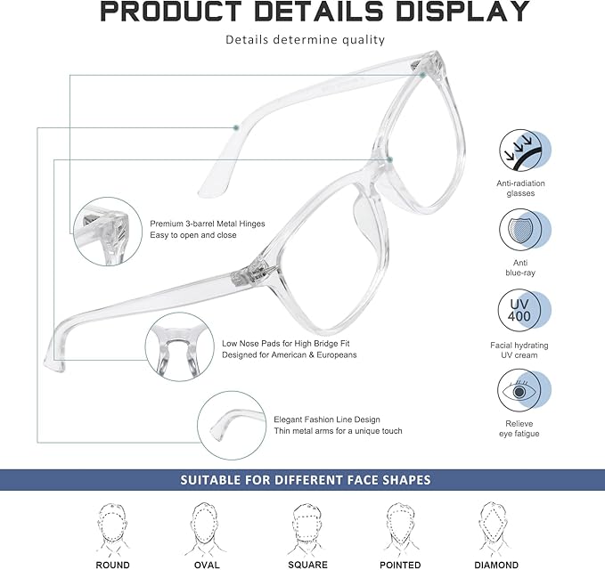 Reading Glasses for Women Men - Blue Light Blocking UV Filter Readers, Anti Eyestrain Eyeglasses