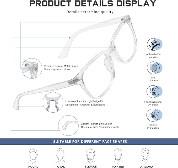 Reading Glasses for Women Men - Blue Light Blocking UV Filter Readers, Anti Eyestrain Eyeglasses