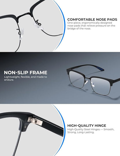 Blue Light Glasses Men Rectangle Large Browline Computer Gaming Glasses Blue Blocker Anti-Glare UV400 Protection Clear Lens