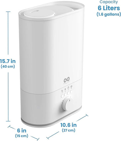 Everlasting Comfort 6L Top Fill Humidifier for Bedroom – Quiet, Easy to Fill & Clean, 60HR Runtime, Night Light, Timer, Ultrasonic Cool Mist, Auto Shut-Off, Essential Oil Compatible - White