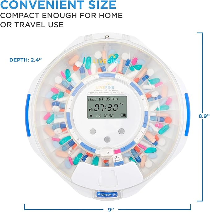 LiveFine Automatic Pill Dispenser with 28-Day Electronic Medication Organizer, 6 Dosage Rings, LCD Display with Sound & Light Alerts, Key & Magnifying Glass for Prescriptions, Vitamins & Supplements