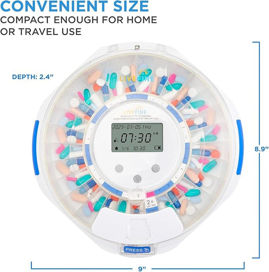 LiveFine Automatic Pill Dispenser with 28-Day Electronic Medication Organizer, 6 Dosage Rings, LCD Display with Sound & Light Alerts, Key & Magnifying Glass for Prescriptions, Vitamins & Supplements