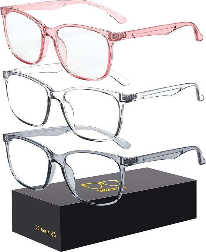 Blue-Light Blocking Glasses Computer Reading/Gaming/TV/Phones Glasses Fashion Anti Eyestrain UV Glasses for Women Men（D7 Gray + Transparent + Pink）
