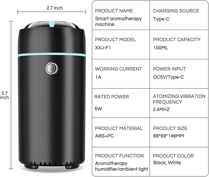 Car Humidifier Diffuser - Smart Cool Mist Air Freshener for Essential Oils - USB for Car, Home, Office, Bedroom (Black)
