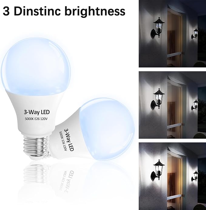 3 Way LED Light Bulbs 2 Pack, 3 Way Light Bulbs 30 70 100 Daylight White 5000K,E26 Medium Base A19 Three Way Light Bulb, Indoor 3way Bulb for Reading