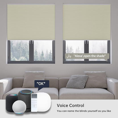 Motorized Cellular Shades with Remote, Blackout Smart Cellular Shades Compatible with Alexa, Cordless Honeycomb Window Blinds for Bedroom Home Office, Custom Size, Blackout Light Beige