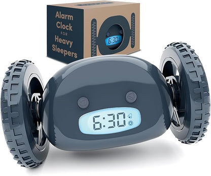 CLOCKY Alarm Clock on Wheels – Loud Rolling Alarm Clock for Heavy Sleepers | Runaway Clock That Jumps & Runs to Wake You Up | Funny Unique Gift for Adults, Teens & Kids Bedrooms (Slate)