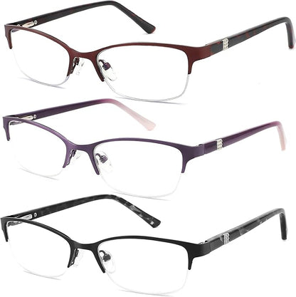 3 Pack Reading Glasses for Women Blue Light Blocking, Metal Oval Half Frame Womens Readers Glass with Spring Hinge, Anti Blue Ray Reduce Eye Strain Glare Headache(250 Magnification Strength)