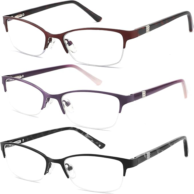 3 Pack Reading Glasses for Women Blue Light Blocking, Metal Oval Half Frame Womens Readers Glass with Spring Hinge, Anti Blue Ray Reduce Eye Strain Glare Headache(350 Magnification Strength)