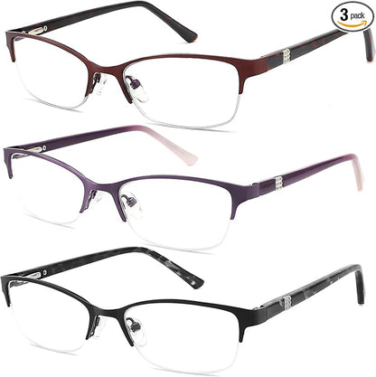3 Pack Reading Glasses for Women Blue Light Blocking, Metal Oval Half Frame Womens Readers Glass with Spring Hinge, Anti Blue Ray Reduce Eye Strain Glare Headache(100 Magnification Strength)