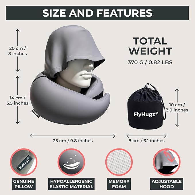 FlyHugz® 2.0 Hooded Travel Pillow – 2026 Original Release – Memory Foam Neck Pillow with Adjustable Hood & Premium Elastic Washable Cover – First Class Comfort for Flights, Road Trips & Sleep-Gray.