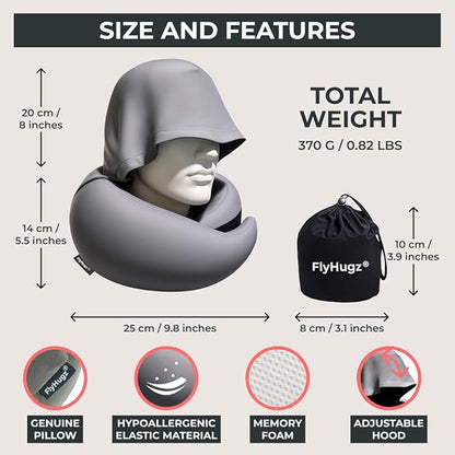 FlyHugz® 2.0 Hooded Travel Pillow – 2026 Original Release – Memory Foam Neck Pillow with Adjustable Hood & Premium Elastic Washable Cover – First Class Comfort for Flights, Road Trips & Sleep-Gray.