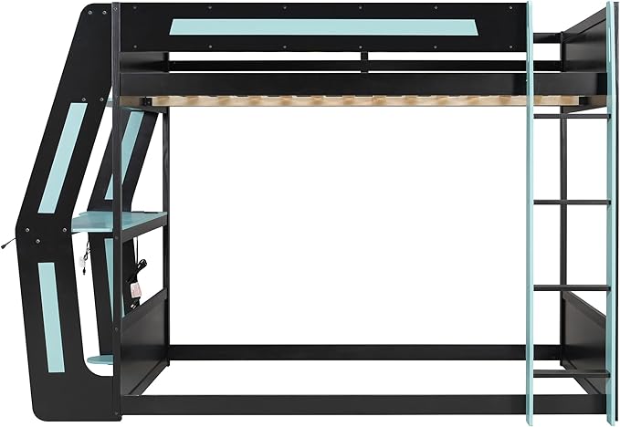 Full Size Gaming Loft Bed with Desk & Charging Ports & RGB Light Strip,Heavy-Duty Wood Bunk Bed Frame with Storage Shelves,Safety Guardrails & Ladder for PC & Console Gamers,Under-Bed Space,Cloud Blue