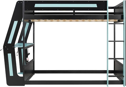 Full Size Gaming Loft Bed with Desk & Charging Ports & RGB Light Strip,Heavy-Duty Wood Bunk Bed Frame with Storage Shelves,Safety Guardrails & Ladder for PC & Console Gamers,Under-Bed Space,Cloud Blue