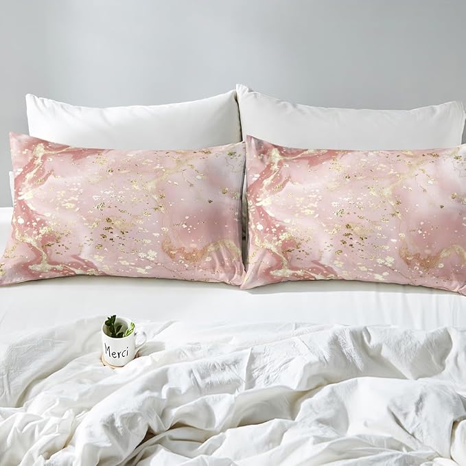 Manfei Pink Marble Kids Sheet Set Twin Size, Abstract Stone Texture Bed Sheet Set 3pcs (Fitted Sheet, Flat Sheet, 1 Pillowcase), Gold Glitter Marbling Bedding Set for Boys Girls Bedroom Decor