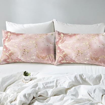 Manfei Pink Marble Kids Sheet Set Full Size, Abstract Stone Texture Bed Sheet Set 4pcs (Fitted Sheet, Flat Sheet, 2 Pillowcases), Gold Glitter Marbling Bedding Set for Boys Girls Bedroom Decor
