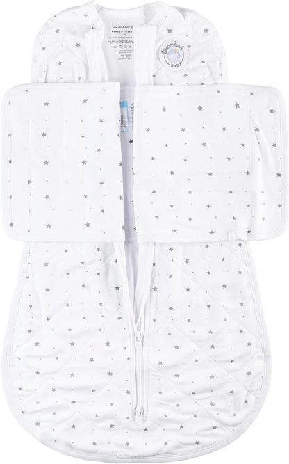 Dreamland Baby Viscose Swaddle Blanket (0-6 Months). 1.0 TOG Ultra Soft Swaddle Blanket w/Built in Band. 97% Viscose, 3% Spandex (White with Grey Stars). Mom-Owned US Business, Premium Materials