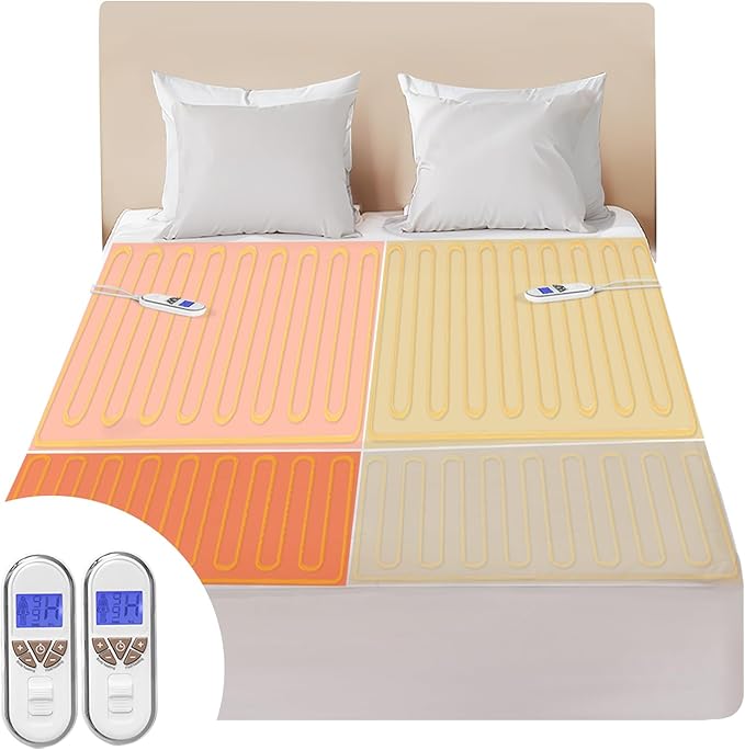 Bwarm Premium Multi-Zone Electric Heated Mattress Pad King Size, 78" x 80", Dual Controllers, 9 Heat Settings, 1-12 Hours Auto Off, Individual Body and Feet Settings, Machine Washable